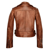 Klassische asymmetrische Schaffell-Lederjacke für Damen im Reversstil in Braun